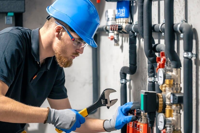 A Plumber with a blue hard hat fixing | RossCo Service Plumbers in Tacoma