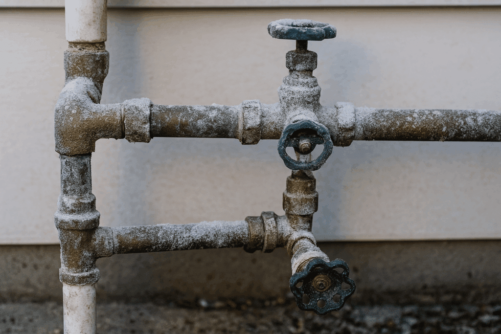 Outdoor pipes with frost buildup during winter
