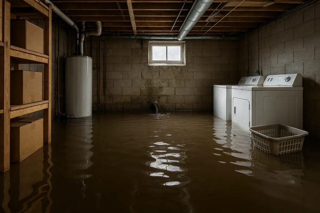 Flooded basement with washing machines visible.
