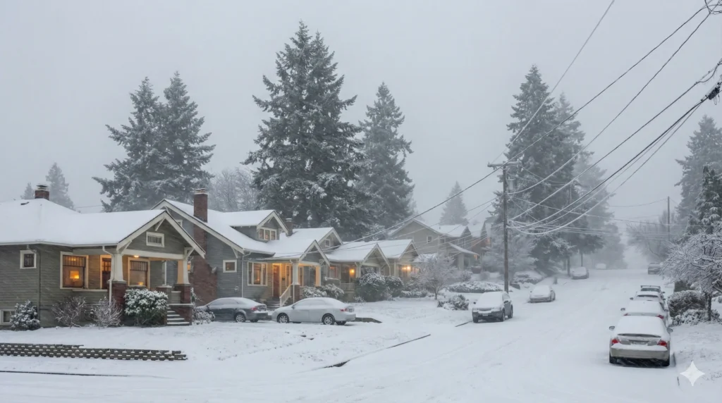 Snow-covered houses in winter landscape.