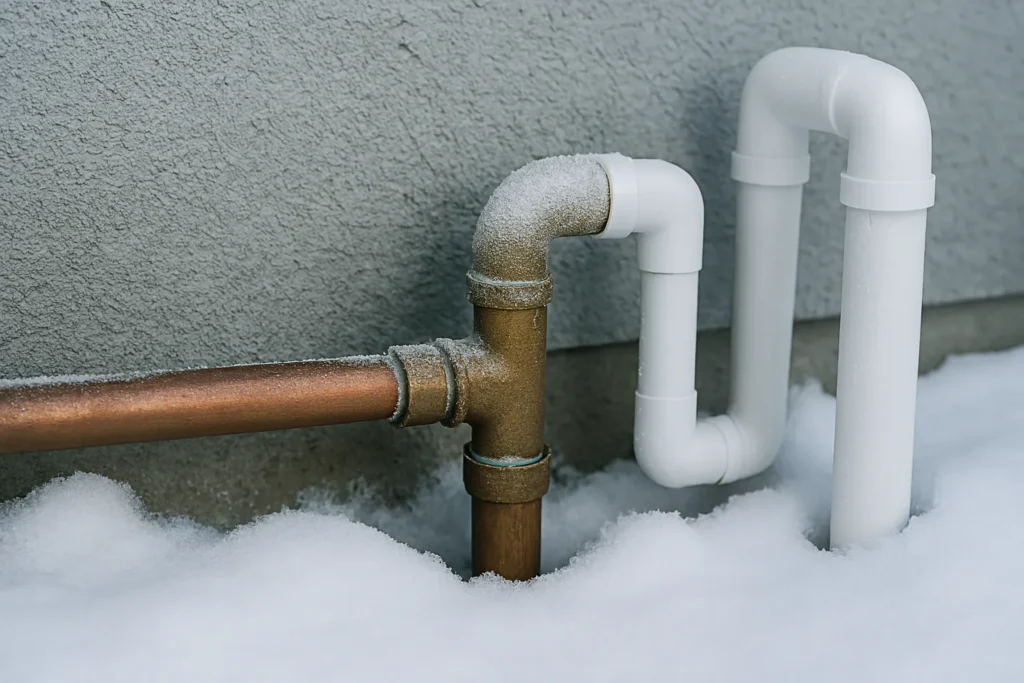 Outdoor plumbing pipes with light frost and snow buildup around the connections