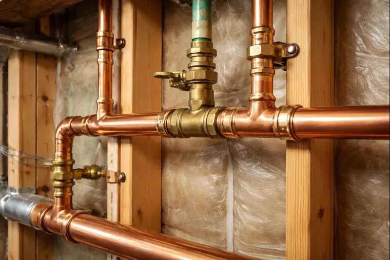 Copper pipes in residential plumbing system