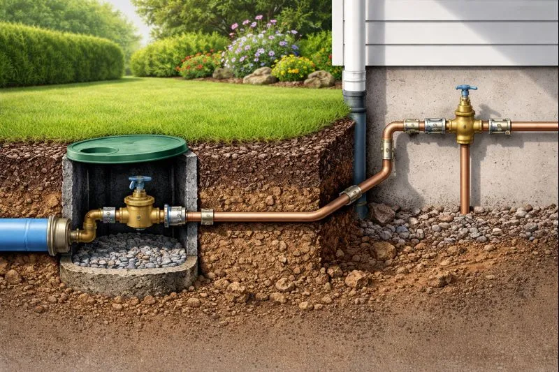 Plumbing connection near home foundation.