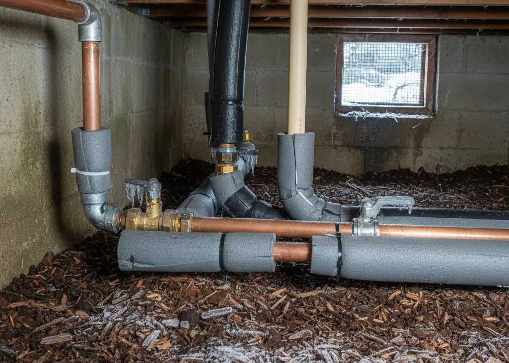 Insulated pipes in a crawl space